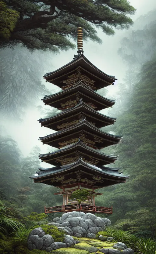 Prompt: japanese style shrine on top of a misty mountain overgrown, hyper realistic, lush gnarly plants, 8 k, denoised, by greg rutkowski, tom bagshaw, james gurney cinematic lighting