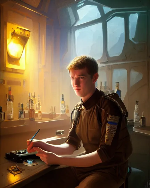 Prompt: medium - shot vislor turlough played by mark strickson at age 1 8, beautiful, thoughtful, with a sketchbook, at the alien space pub bar counter, android bartender, highly detailed, mood lighting, artstation, highly detailed digital painting, smooth, global illumination, fantasy art by greg rutkowsky, karl spitzweg, leyendecker