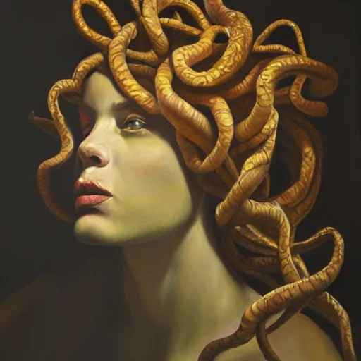 Prompt: hyperrealistic oil painting of a sad medusa, chiaroscuro, theatrical, dramatic lighting
