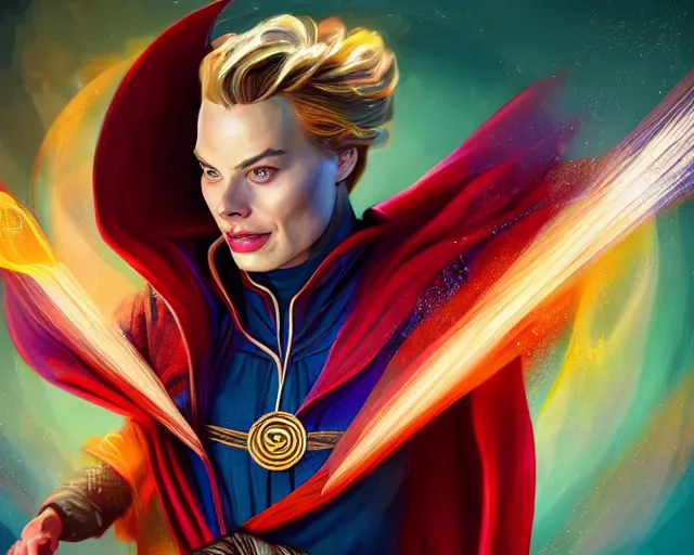 Prompt: margot robbie as doctor strange, colorful spells, fantasy art, in the style of Fernando Juarez, illustration, epic art, fantasy, intricate, elgant, amazing detail, digital painting, artstation, concept art, smooth, sharp focus