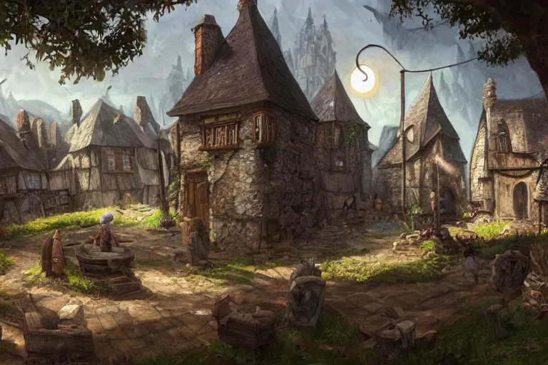 Image similar to A small medieval hamlet, fantasy, D&D, concept art, sharp focus, trending on artstation, digital painting, midday, sunny, beautiful, texture, wizards of the coast, tabletop, roleplay