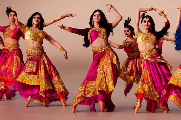 Image similar to still photo of bollywood dancers dancing, wearing silk cloth in whole body, highly detailed, photorealistic portrait, bright studio setting, studio lighting, crisp quality and light reflections, unreal engine 5 quality render