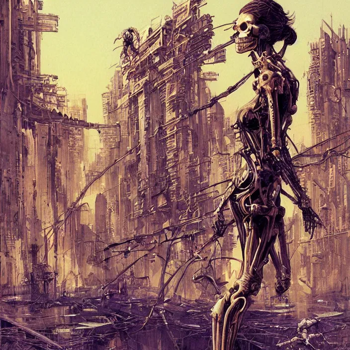 Image similar to cyberpunk skeleton women, flowing, aerodynamic, fast, flat art, digital art, hd, by james gurney, by bruce pennington