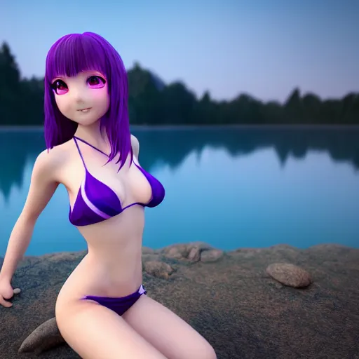 Prompt: render of a very beautiful 3d anime girl, short violet hair, purple eyes, cute freckles, full round face, cute smile, stunning bikini, cold lake setting, medium shot, mid-shot, highly detailed, trending on Artstation, Unreal Engine 4k