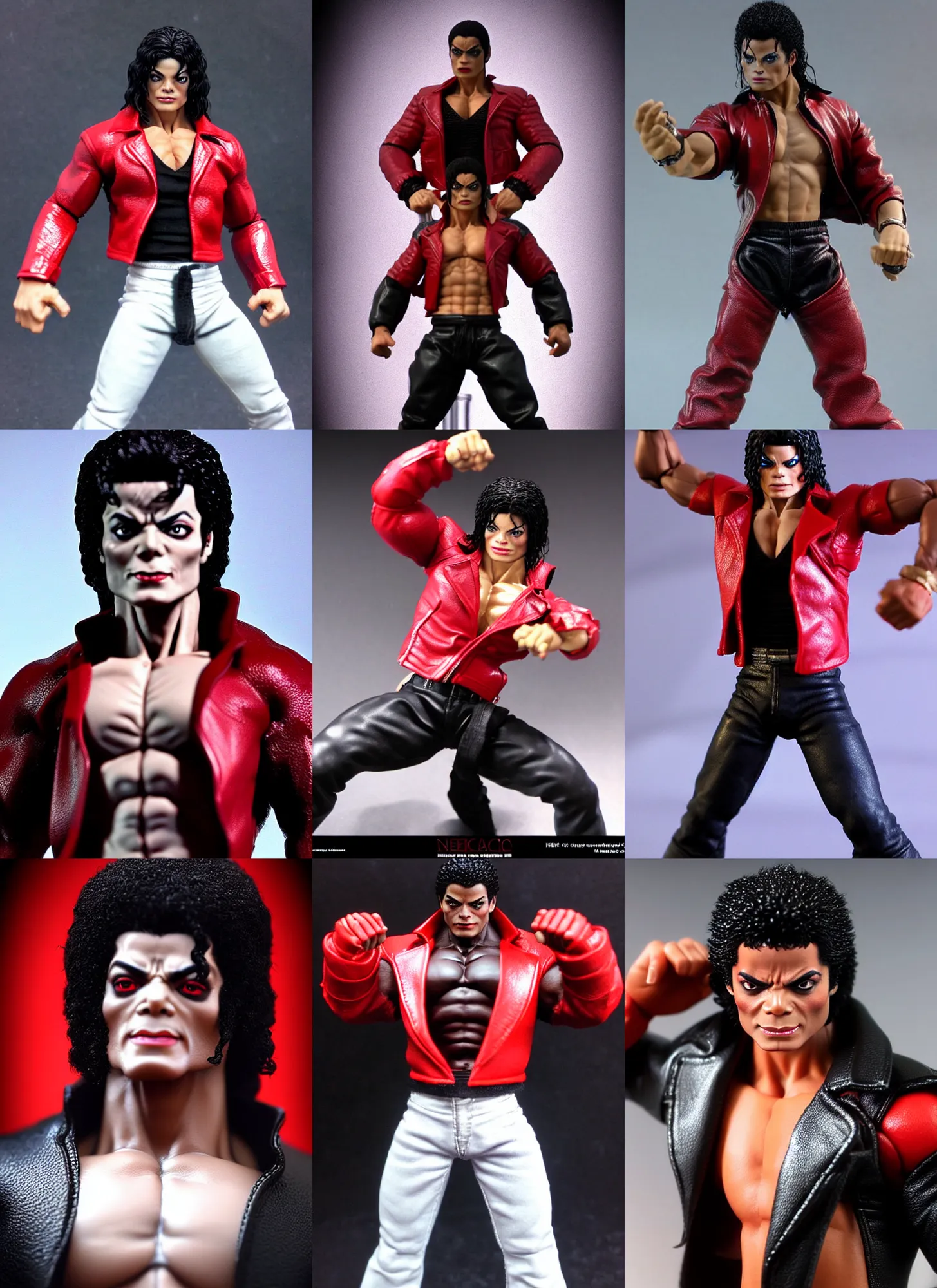 Prompt: stoic michael jackson oversized muscular hulked powerlifter by neca!!! pretty! beautiful! shirtless muscular black pants red leather thriller jacket very detailed realistic action figure by neca!!. macro face very close!! shot face shot head shot. in the style of tekken 5, character from mortal kombat, film still, bokehs