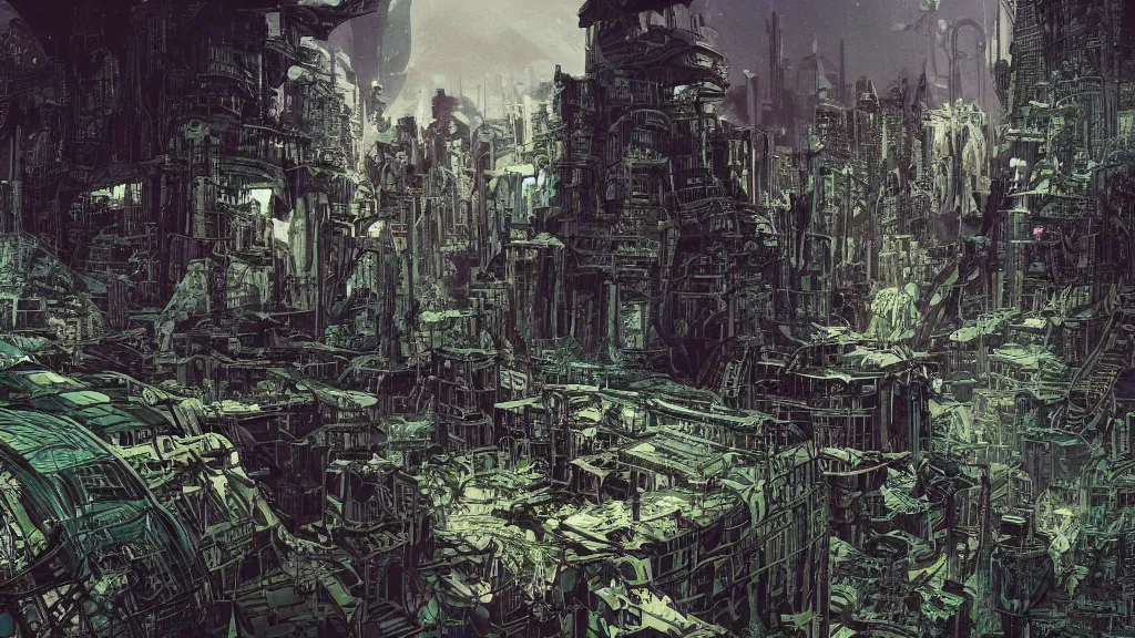 Image similar to very detailed masterpiece, epic prophet graphic novel, ilya kuvshinov, mcbess, rutkowski, simon roy, illustration of space dystopian jungle forest metropolis planet, illustration of decrepit cyberpunk arcologic ruins, event horizon in the sky, wide shot, colorful, deep shadows, astrophotography, hyperdetailed, cybernetics, cryengine, realistic shaded lighting, sharp focus