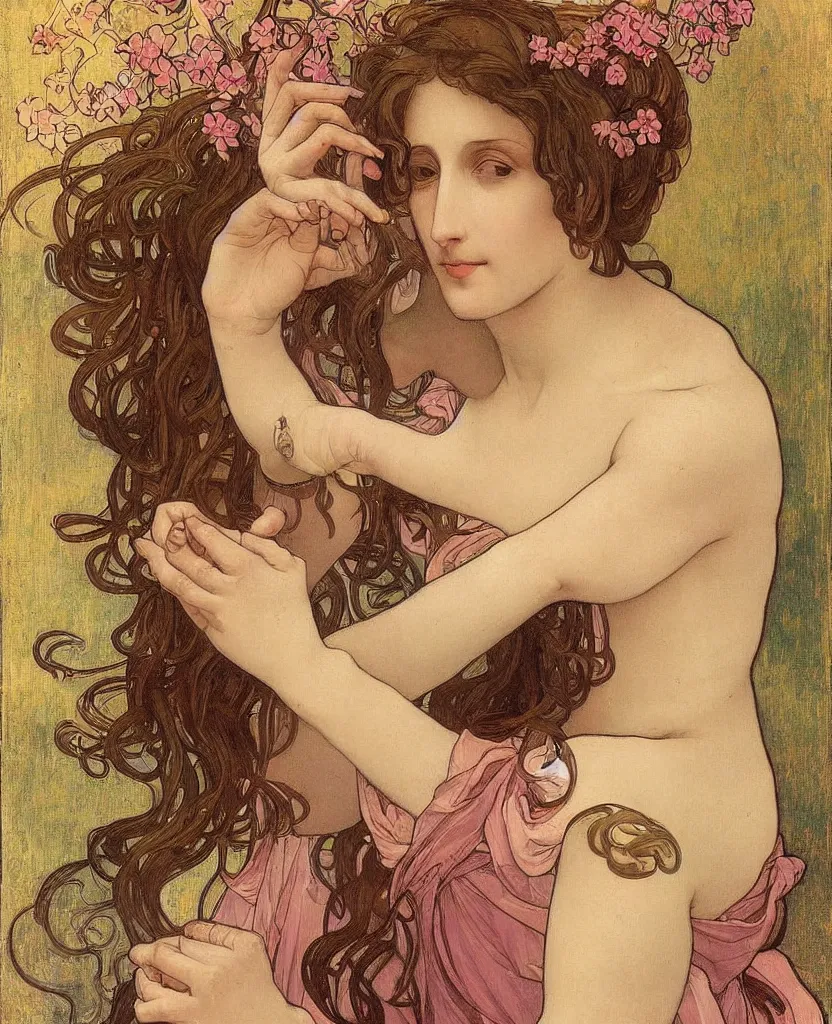 Image similar to a beautiful arrogant surreal greek lady drinking tea looking disdained, rennaisance painting, whimsical, pastel pink color palette, by leonardo da vinci and alphonse mucha