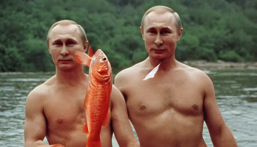 Image similar to 7 0 s movie still of putin in speedo, proudly holding a salmon, focus on eyes. cinestill 8 0 0 t _ 3 5 mm eastmancolor, heavy grain, high quality, high detail