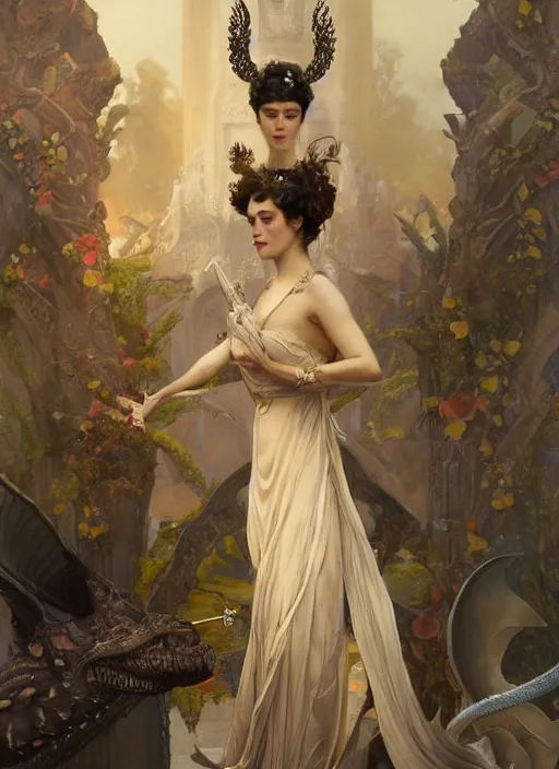 Prompt: a painting of a beautiful queen in fantastic dress next to a dragon, photorealistic painting by Jaime Jones, Tom Bagshaw,Lawrence Alma-Tadema,greg rutkowski,deviantart contest winner, fantasy art, daz3d,perfect symmetrica body shape,symmetrical face,intricate,elegant,highly detailed,8k,digital painting,concept art, sharp focus, illustration,golden ratio