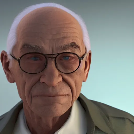 Prompt: Render of a 99 year old man from New York, no beard, balding, square rimmed glasses, off-white button up shirt. Hyperdetailed, Medium shot, mid-shot, Unreal Engine, 4k,