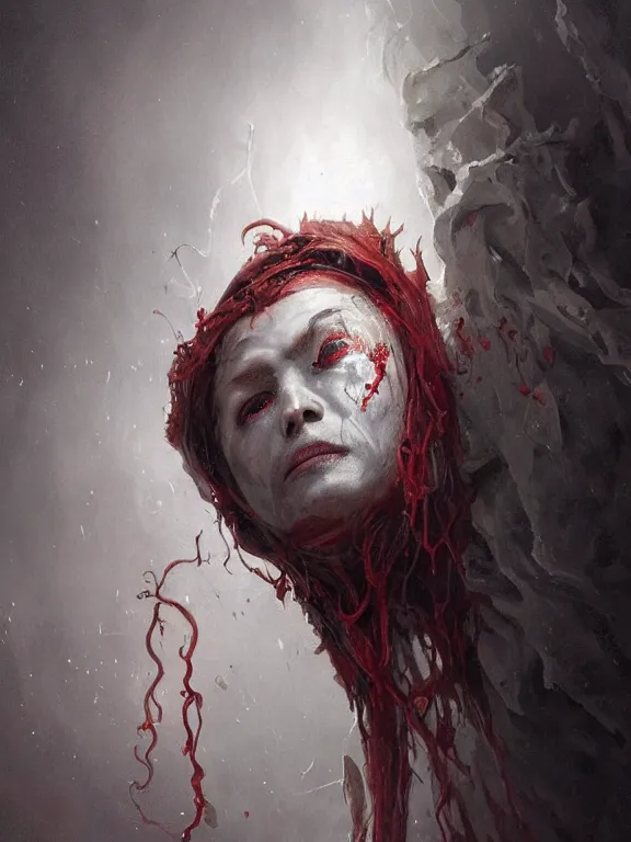 Image similar to painting by greg rutkowski of a flying sorrowful looking human head with tears running down it's eyes, face that is chalk white in color, with long sprawling white tentacles stemming down it's neck, fiery scorching red eyes, flying in a terrying hellish dark cavernous place