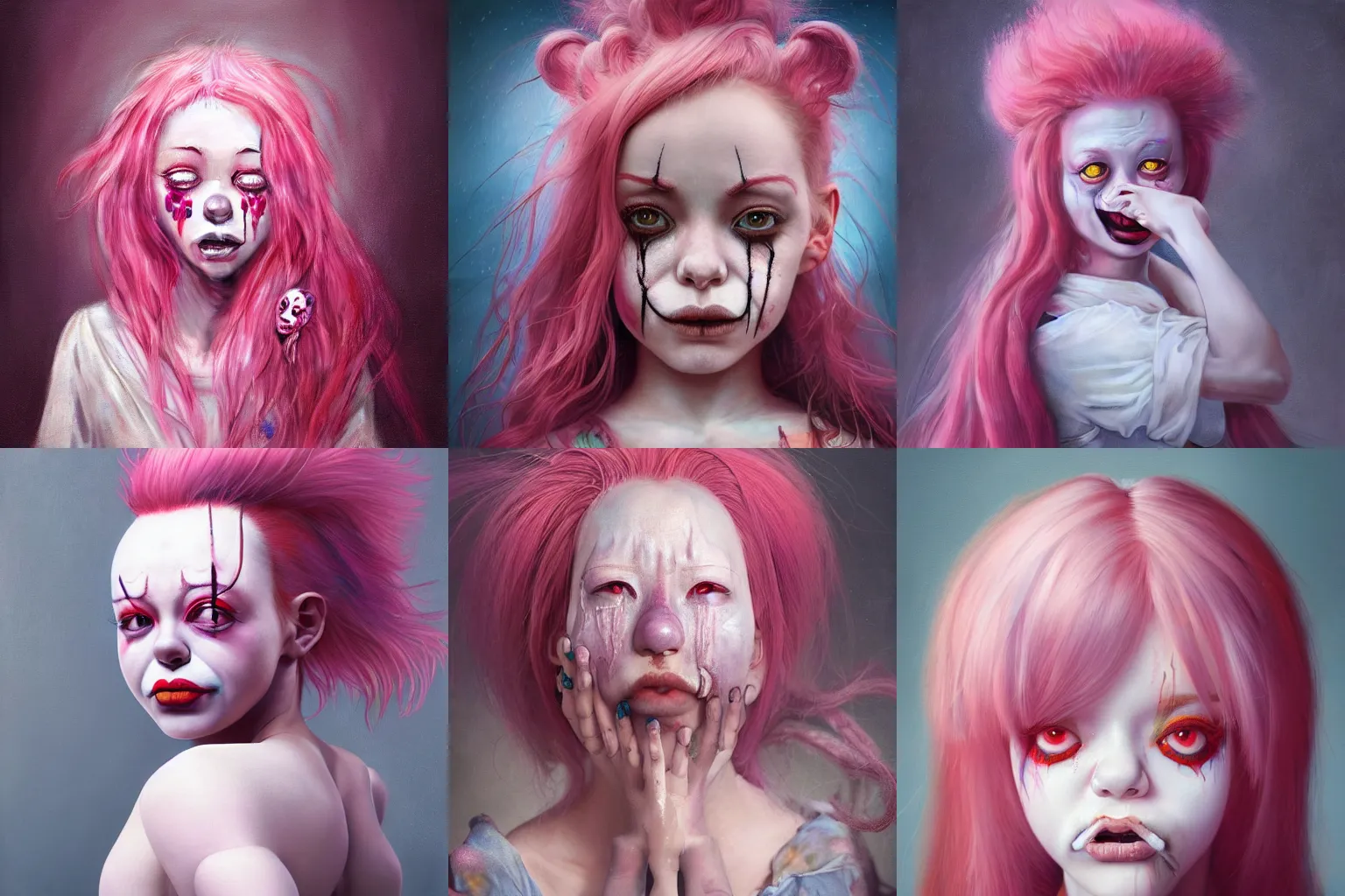 Prompt: breathtaking detailed painting of clown girl crying, pink hair, with anxious, piercing eyes, james jean, miho hirano, extremely moody lighting, hyperrealistic, octane render, rpg portrait, ambient light, dynamic lighting