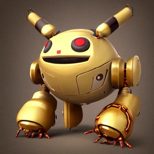 Prompt: a small chubby bot, smooth panelling, one large gold eye intricate detail, style of pokemon, with damaged rusty arms, broken antenna, recycled, floating, white studio, oil, mechanical, toy, ambient light, in the style of pokedstudios, belnder, octane render, 8 k,