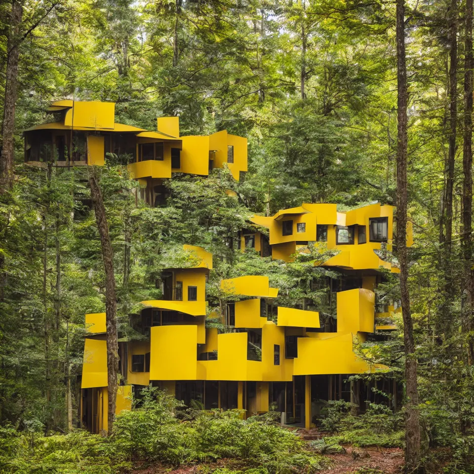 Prompt: architecture ad for a flat mid-century modern house in the forest, designed by Frank Gehry. Big Tiles. Film grain, cinematic, yellow hue