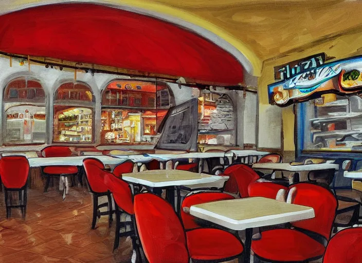 Prompt: digital painting of the inside of a pizzeria in italy,