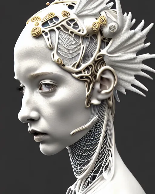 Image similar to bw 3 d render, beautiful angelic biomechanical albino girl cyborg with a porcelain profile face, rim light, big leaves and stems, roots, fine foliage lace, alexander mcqueen, art nouveau fashion embroidered collar, steampunk, silver filigree details, hexagonal mesh wire, mandelbrot fractal, elegant, artstation trending