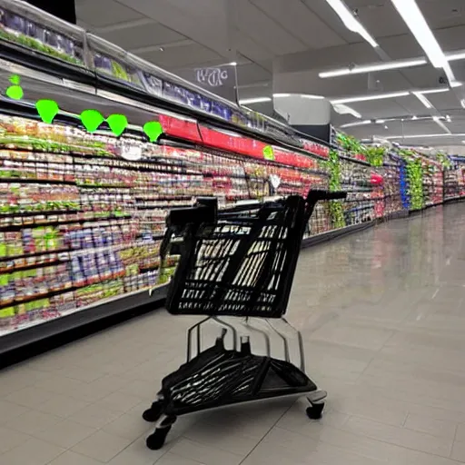 Prompt: a shopping cart made of unique technology, cameras, lasers, in the style of an apple product, futuristic, inside of a grocery store