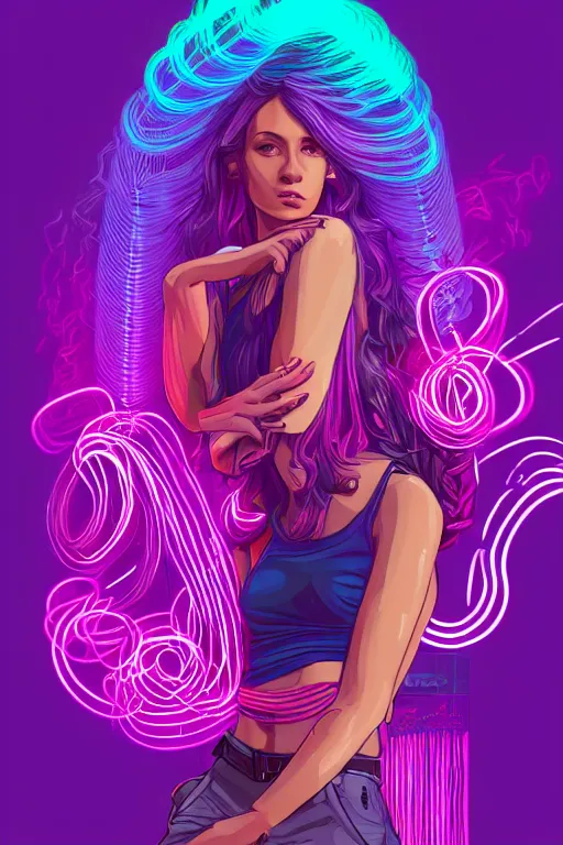 Image similar to a award winning half body portrait of a beautiful woman in a croptop and cargo pants with ombre purple pink teal hairstyle surrounded by whirling illuminated lines, outrun, vaporware, shaded flat illustration, digital art, trending on artstation, highly detailed, fine detail, intricate