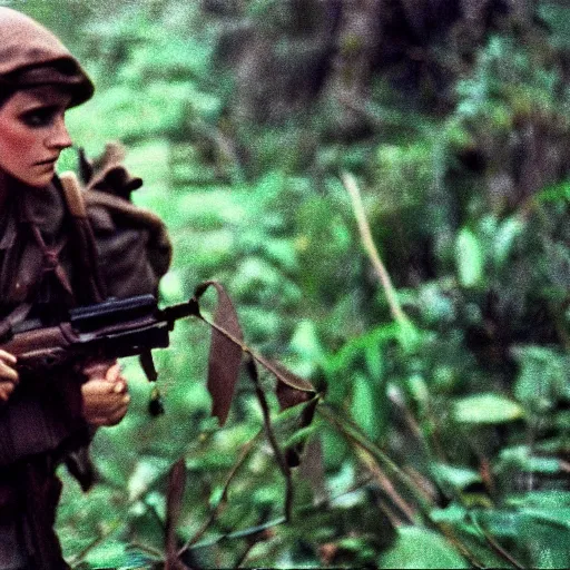 Prompt: film still, close up, portrait, emma watson soldier hiking through dense vietnam jungle, award winning, award winning, award winning, film still from apocalypse now ( 1 9 7 9 ), 2 6 mm, kodak ektachrome, blue tint ektachrome film,