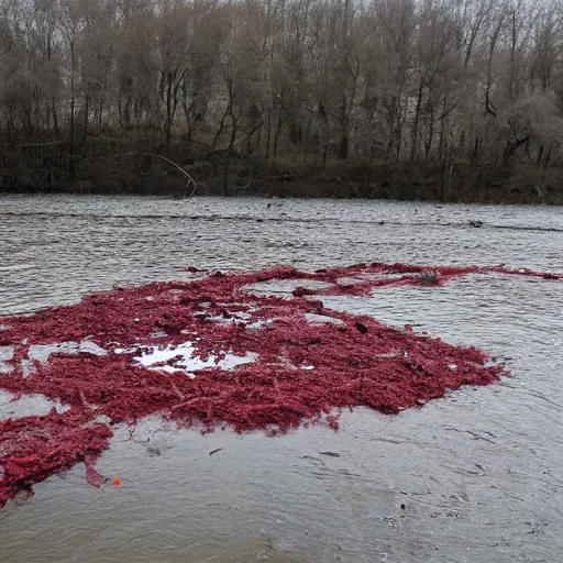 Image similar to odra river filled with blood and bodies of dead fauna in decay, high quality, informative press report photo 1 / 8 f