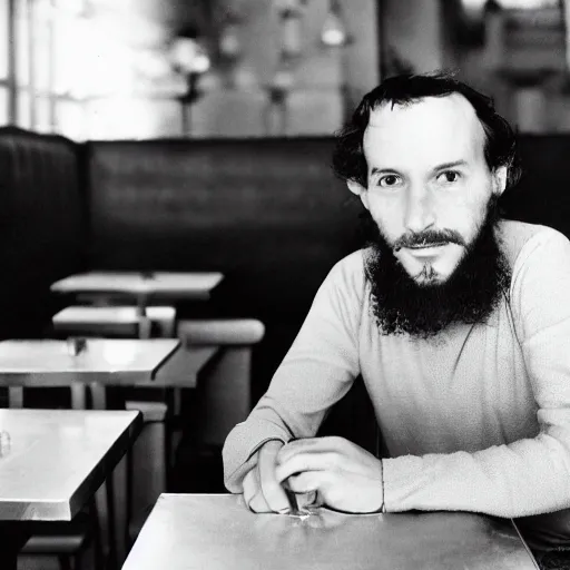 Prompt: photo of a frenchman from france seated in a restaurant ( in the year 1 9 8 0 ). 5 0 mm, studio lighting