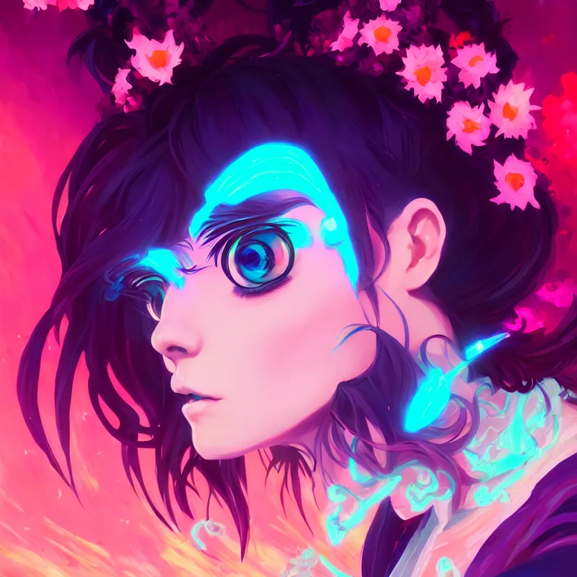 Image similar to side profile macro portrait, cute modern gothic anime girl with synthwave flower background, gloomhaven, colorful swirly retrowave style fantasy portrait, by lois van baarle, sachin teng, greg rutkowski, jesper ejsing, ilya kuvshinov, extremely detailed 4 k,