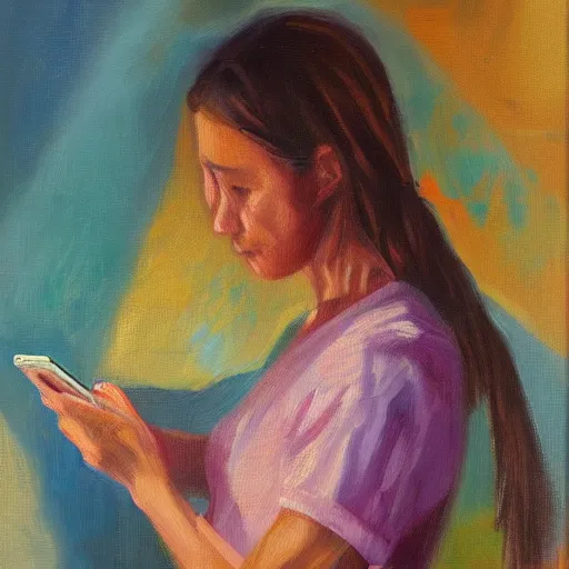 Image similar to a vivid impressionistic painting of a bored woman, she is holding a smartphone, oil on canvas, trending on artstation