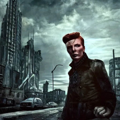 Image similar to fallout 5, charismatic david bowie, portrait, outdoors ruined cityscape, atmospheric lighting, painted, intricate, volumetric lighting, beautiful, daytime, sunny weather, slight overcast, sharp focus, deep colours, ultra detailed, by leesha hannigan, ross tran, thierry doizon, kai carpenter, ignacio fernandez rios