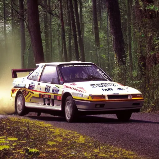 Prompt: 1990 rally racing through a forest, photorealistic, detailed, uhd,