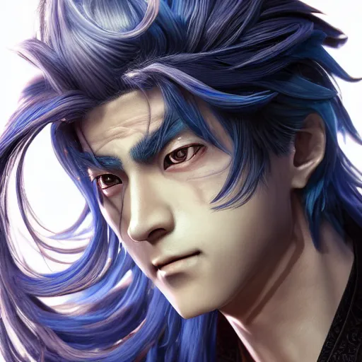 Image similar to an immortal xianxia cultivator with long blue hair as an absurdly handsome, elegant, young anime man, ultrafine hyperrealistic detailed face illustration by kim jung gi, irakli nadar, intricate linework, sharp focus, bright colors, matte, gujian, final fantasy, unreal engine highly rendered, global illumination, radiant light, intricate environment