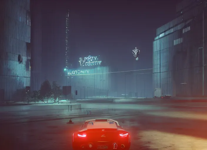 Prompt: gta in moscow, playstation 5 screenshot, mega details, dark night, orange lights, heavy rain, fog, beautiful rtx reflections, brutalism buildings, photorealistic, unreal engine 5, octane render, volumetric light, cg society, 4 k, bokeh, lada car, artstation