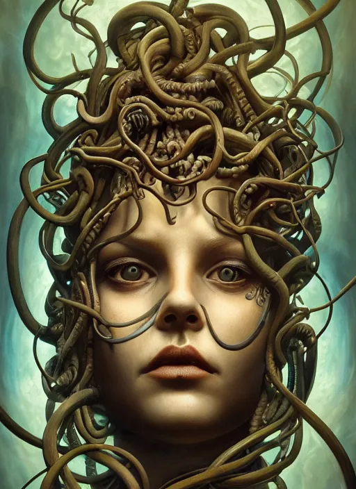 Image similar to medusa, wooden art nouveau swirls, strong subsurface scattering, cables, tubes, subsurface scattering, in the style of james jean and tomasz alen kopera and giger, subsurface scattering, mystical colors, rim light, soft lighting, 8 k, stunning scene, raytracing, octane render, trending on artstation