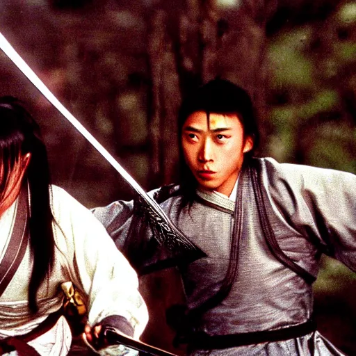 Image similar to xianxia fantasy, xuanhuan martial artist fighting european knight, chinese swordsman fighting medieval european swordsman, fantasy, wuxia, pseudo - medieval fantasy, cinematic, 1 9 8 6 movie screenshot, french swordsman fighting chinese swordsman