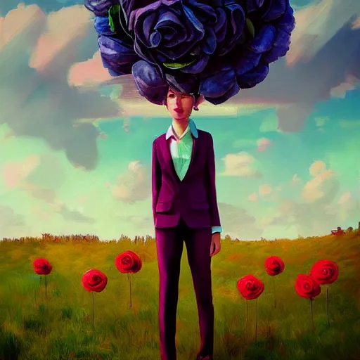 Prompt: portrait, giant rose flower head, girl in a suit, surreal photography, sunrise, blue sky, dramatic light, impressionist painting, digital painting, artstation, simon stalenhag