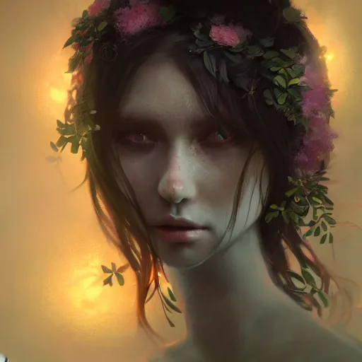 Image similar to Portrait of a dark fantasy nymph, flowers and plants surrounding, stunning, concept art, artstation, dramatic lighting, by Wlop