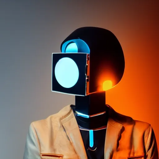 Image similar to a humanoid with a square robot head, a single eye emitting light, leather jacket, black background