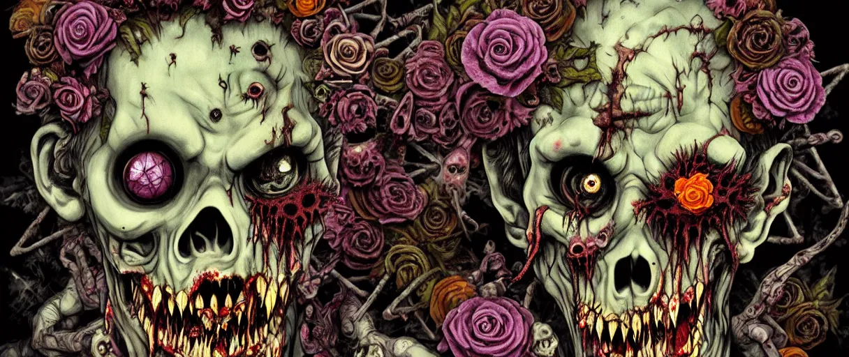Image similar to zombie, punk rock, young male, grotesque, grotto, multicolored faces, fruit and flowers, gemstones for eyes, botanical, vanitas, sculptural, cartoon style, baroque, rococo, intricate detail, spiral, ornamental, kaleidoscopic, soft, atmospheric, frank frazetta