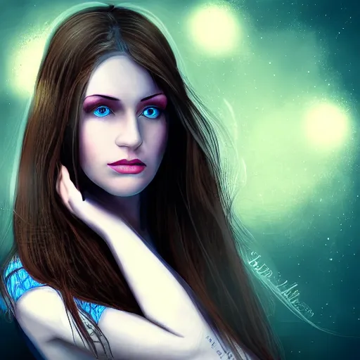 Image similar to magical brunette scottish woman with pale skin and deep blue eyes, digital art, glowing complexion