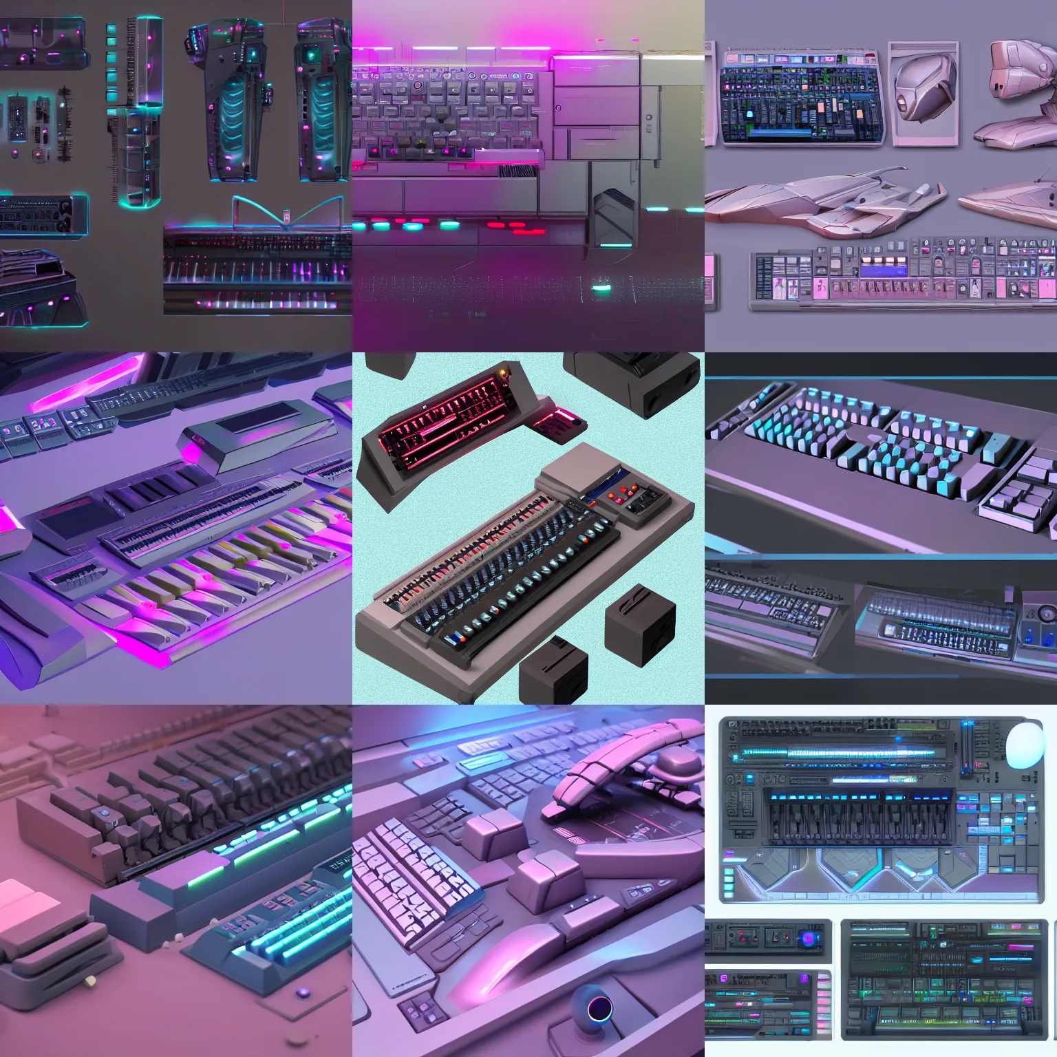 Prompt: hard surface shape form exploration, detailed, artstation, 8 k, pastel colors, props, panel, concept, keyboard synthesizer, instrument, keyboard workstation, futuristic, greeble, collection, parts,