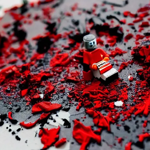 Image similar to photo of a lego set splattered with blood, shiny dark red blood splatter, dismembered lego minifigures