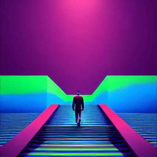 Prompt: photo - realistic, painting of a man walking alone in the boulevard of psychedelic dreams, trippy stairs in the background highly detailed, hyper detail, sharp, in the style of beeple, mobeius, rule of thirds, unreal engine trending on artstation