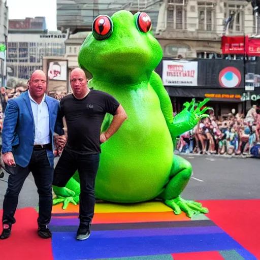 Image similar to alex jones and a giant frog atten the pride festival together