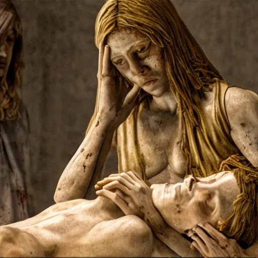 Image similar to ultra - photorealistic, epic scene from horror movie called pieta, best jumpscare scene, intricate details, sharp focus, baroque, beautiful, symmetrical, realistic body shape, perfect face and anatomy ultra - details, 4 k, uhd, random content position