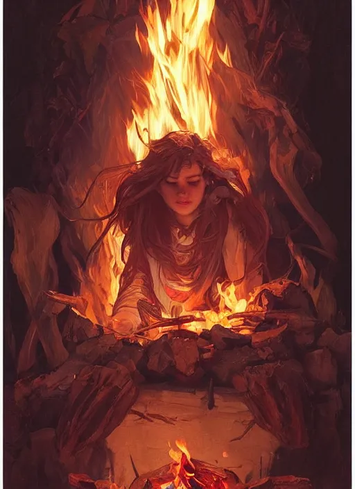 Image similar to portrait of a stunningly beautiful campfire, highly detailed, 3 5 mm photo, artstation, concept art, sharp focus, 2 8 mm macro photo, art by artgerm and greg rutkowski and alphonse mucha, incredibly beautiful and symmetrical, incredibly detailed, award winning art, royal