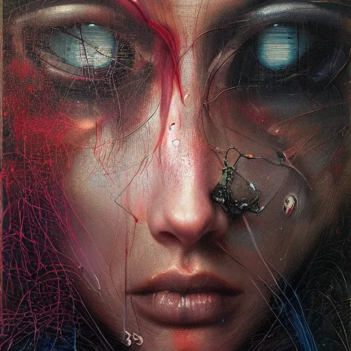 Prompt: cyberpunk dreaming by eugene von bruenchenhein, peter lindbergh, sam spratt, michael page, alyssa monks, julie heffernan, glenn brown, naoto hattori, brian froud, nicola samori, paolo roversi, kilart, 8 k, hyper detailed, hyper realism, acrylic paint, surrealism, smooth, sharp focus