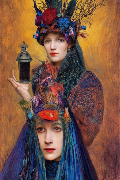 Image similar to queen of twilight with her lantern, by Annie Swynnerton and Diego Rivera and Tino Rodriguez , elaborate headdress and embroidered velvet, iridescent beetles, rich color, dramatic cinematic lighting, extremely detailed