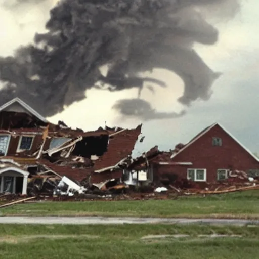 Prompt: cinematic film still of a house being destroyed by a tornado