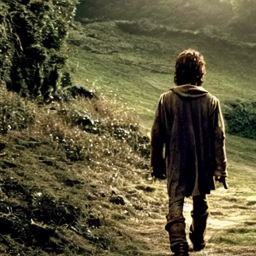 Image similar to Film still of a young Daniel Radcliffe as Frodo in Lord of the Rings: The Return of the King, wide shot, cinematic