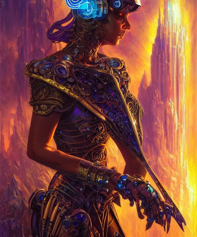 Prompt: a beautiful tarot card artwork of a cyberpunk crystal paladin, backlit, dazzling, highly detailed, digital painting, by karol bak and justin gerard and dan mumford and artgerm, vivid colors, masterpiece, detailed shading, 8 k resolution, intricate, smooth