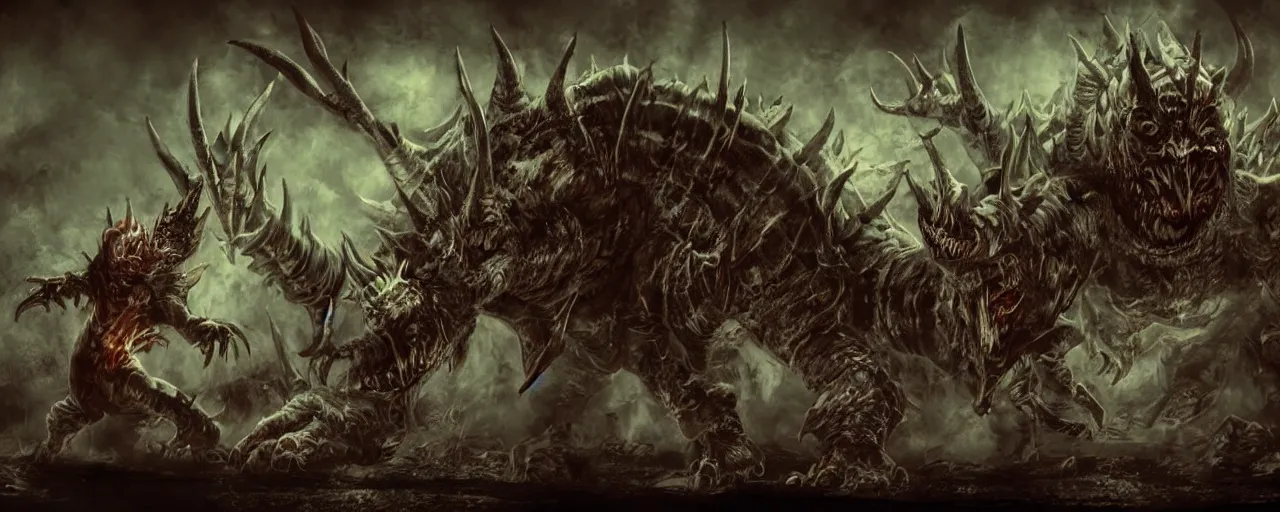 Image similar to concept art of bowser with huge horns and scales and talons, resident evil, horror, occult, terror, mist, volumetric render, digital painting, detailed painting